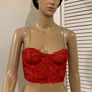 Chic Red Lace Bustier with Chain Straps